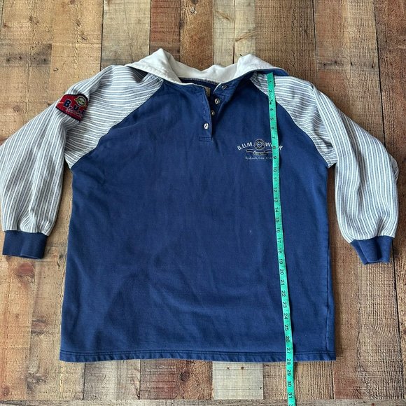 Vintage B.U.M. Equipment Blue Polo Shirt Striped Sleeves Embroidered Logo -L - Picture 6 of 9